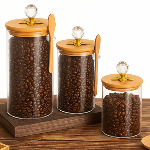 Glass Storage Jar with Decorative Bamboo Lid and Side Spoon