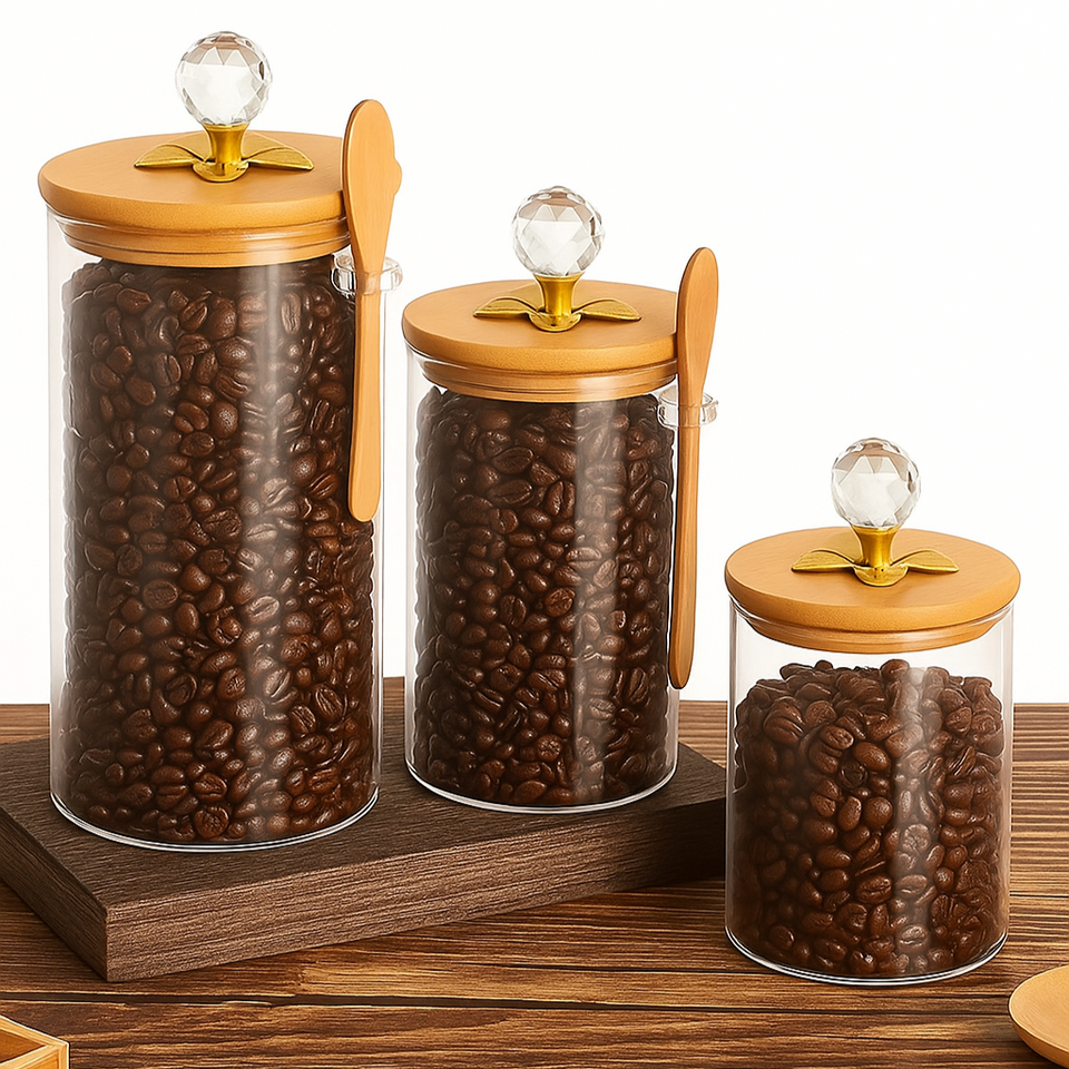 Glass Storage Jar with Decorative Bamboo Lid and Side Spoon