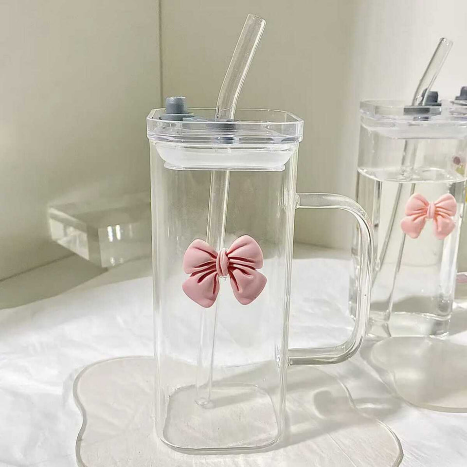 Clear Bow Glass With Lid And Straw