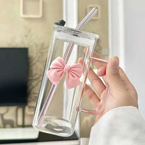 Clear Bow Glass With Lid And Straw