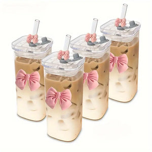 Clear Bow Glass With Lid And Straw