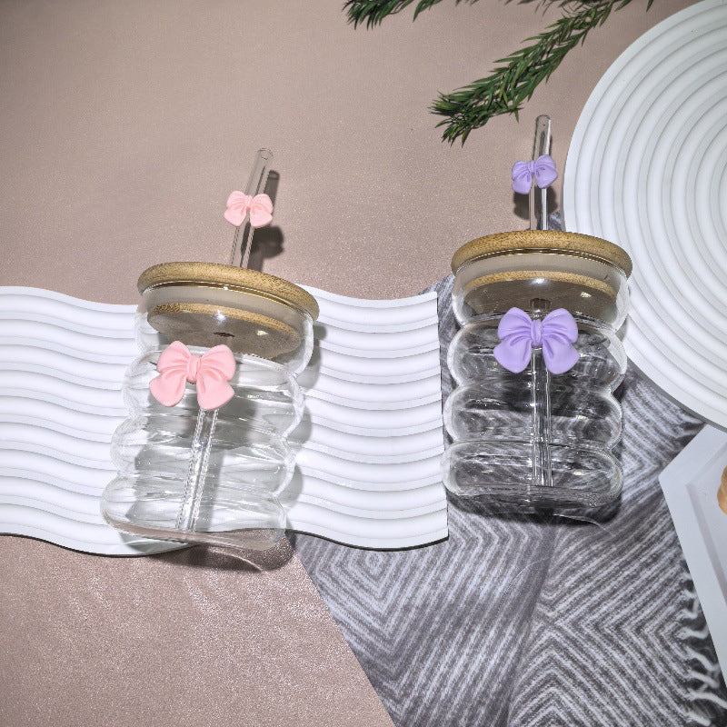 Bow Pattern Glass Tumbler with Wooden Lid & Glass Straw