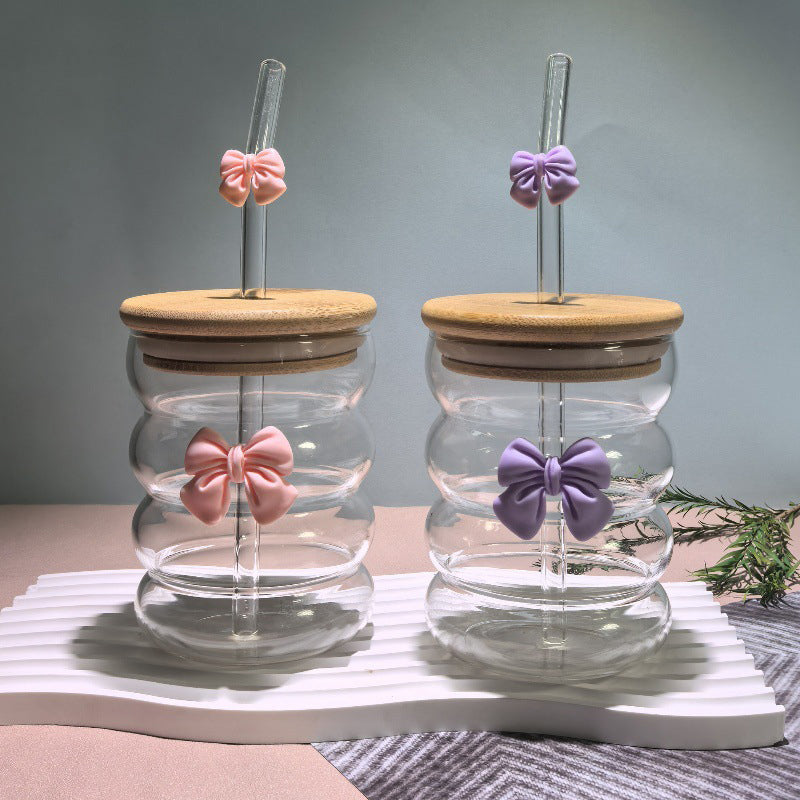 Bow Pattern Glass Tumbler with Wooden Lid & Glass Straw
