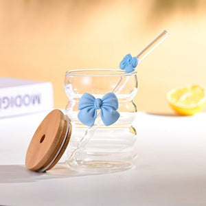 Bow Pattern Glass Tumbler with Wooden Lid & Glass Straw