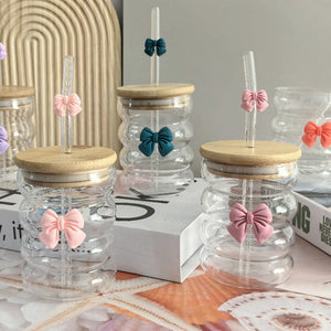 Bow Pattern Glass Tumbler with Wooden Lid & Glass Straw