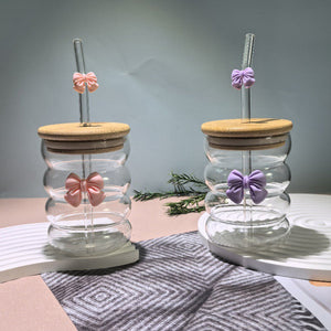 Bow Pattern Glass Tumbler with Wooden Lid & Glass Straw