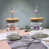 Bow Pattern Glass Tumbler with Wooden Lid & Glass Straw