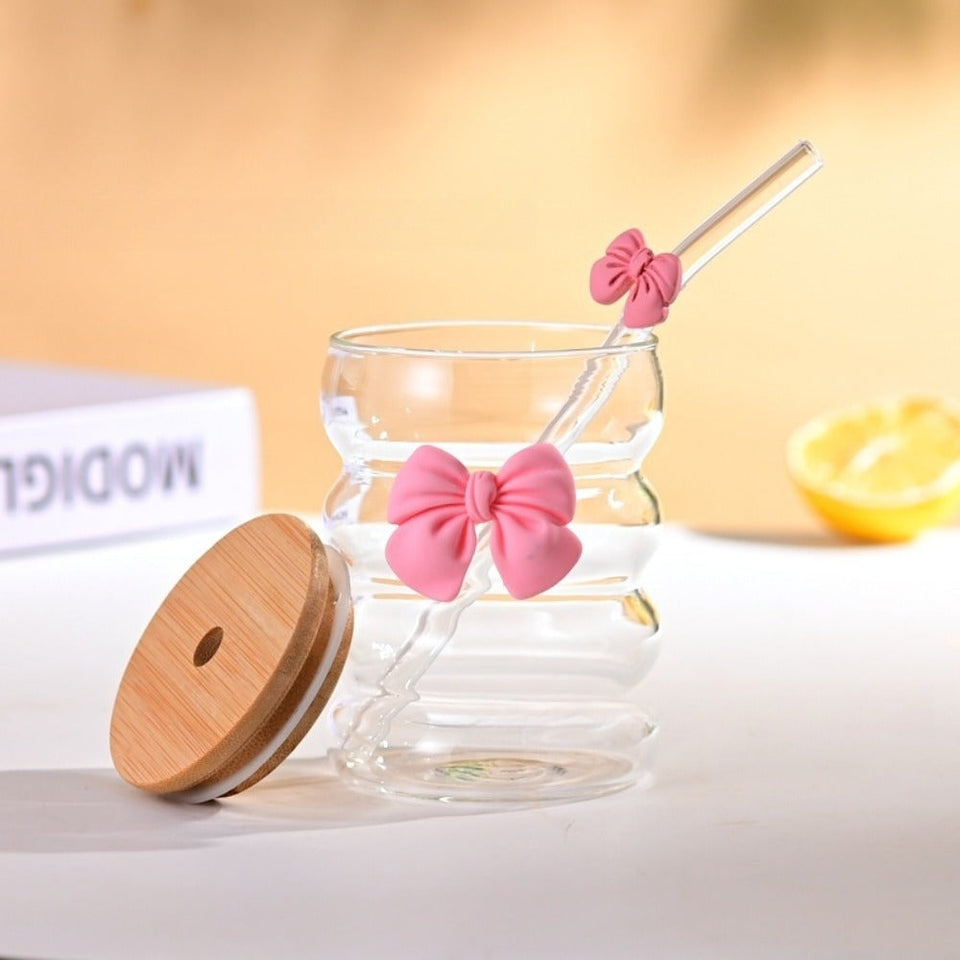 Bow Pattern Glass Tumbler with Wooden Lid & Glass Straw