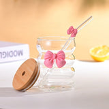 Bow Pattern Glass Tumbler with Wooden Lid & Glass Straw